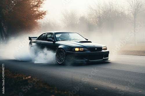 A high-performance sports car drifting around a sharp curve with smoke billowing from the tires photo