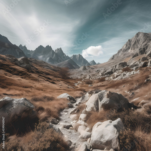 Majestic Mountain Range: A Breathtaking Landscape Shot with a Wide-Angle Lens, generative AI