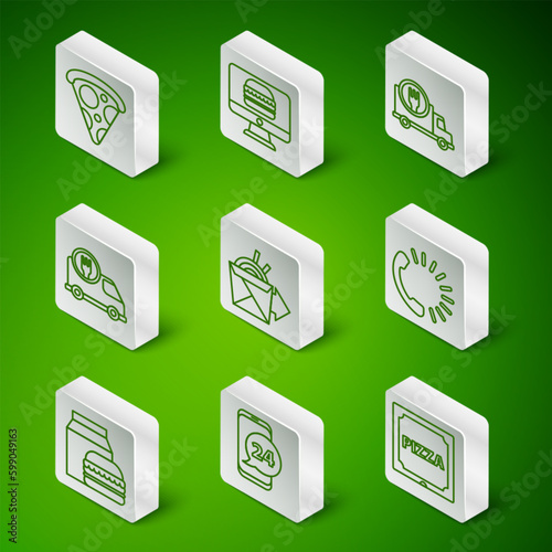 Set line Pizza in cardboard box, Food ordering, Slice of pizza, Online noodles delivery, Fast by, and, burger and icon. Vector