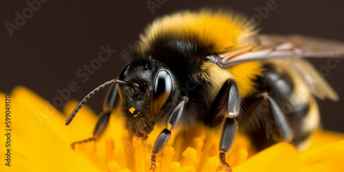 Close up of a bumble bee with yellow flower pollen explosion (generative AI) © Ash
