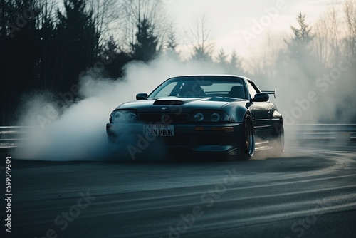 A customized sports car burning rubber and drifting on an empty street © Dejan