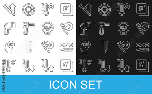 Set line Celsius, Medical thermometer, Meteorology, Digital, and icon. Vector