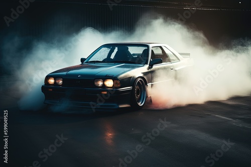 A customized sports car burning rubber and drifting on an empty street photo