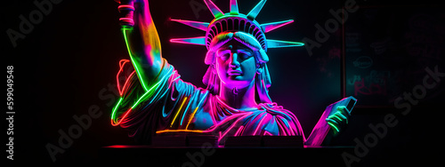 woman, statue, liberty, neon, art, sculpture, ancient, people, illustration, lady, antique, fantasy, justice, retro, silhouette, vector, warrior, fashion, dress, old, knight, costume, generative ai