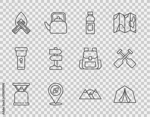 Set line Camping gas stove, Tourist tent, Bottle of water, Compass, Campfire, Road traffic signpost, Mountains and Paddle icon. Vector