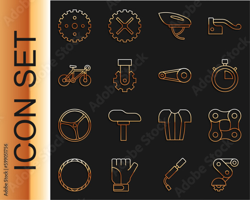 Set line Derailleur bicycle rear, Bicycle chain, Stopwatch, helmet, sprocket crank and with gear icon. Vector