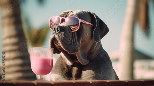 cool dog on the beach with cocktail summer time concept generative AI