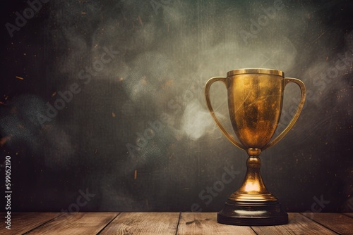 Golden Trophy on Rustic Wood and Grunge Texture Background. Generative AI.