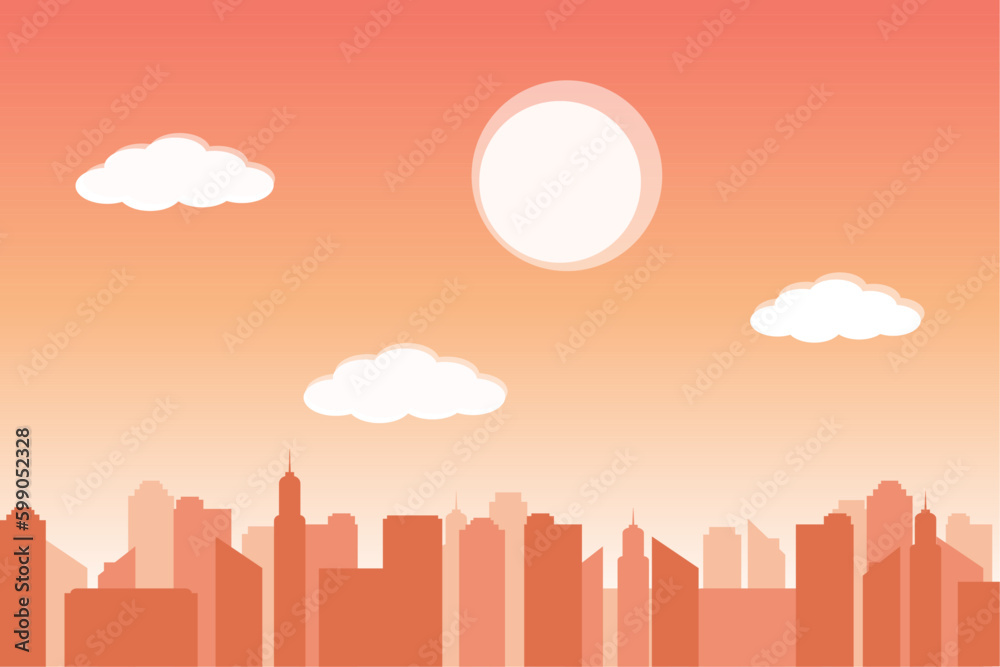 Vector city silhouette with orange buildings on the gradient orange background. Vector city silhouette with orange buildings on the gradient orange background.