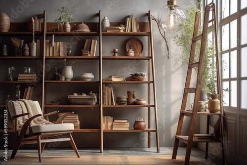 Wooden Bookshelf for Home Decor and Storage. Generative AI.
