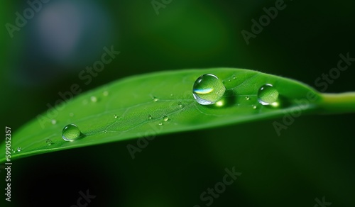 Green Leaf with Water Droplets. Generative AI.
