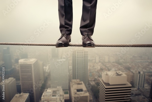 Businessman Balancing on Tightrope Above Cityscape. Generative AI. photo