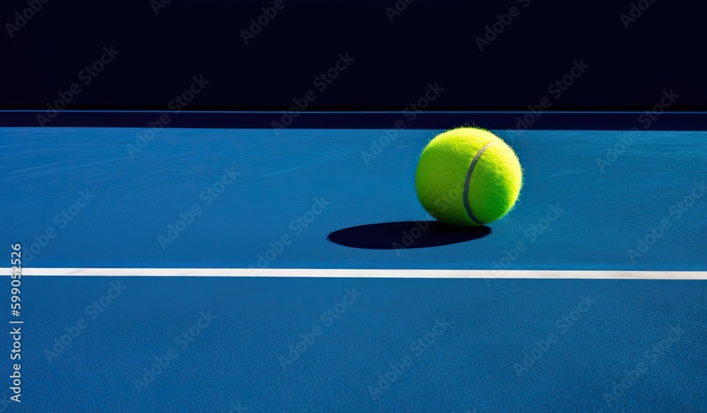 Fluorescent Tennis Ball on Blue Court Background. Generative AI.