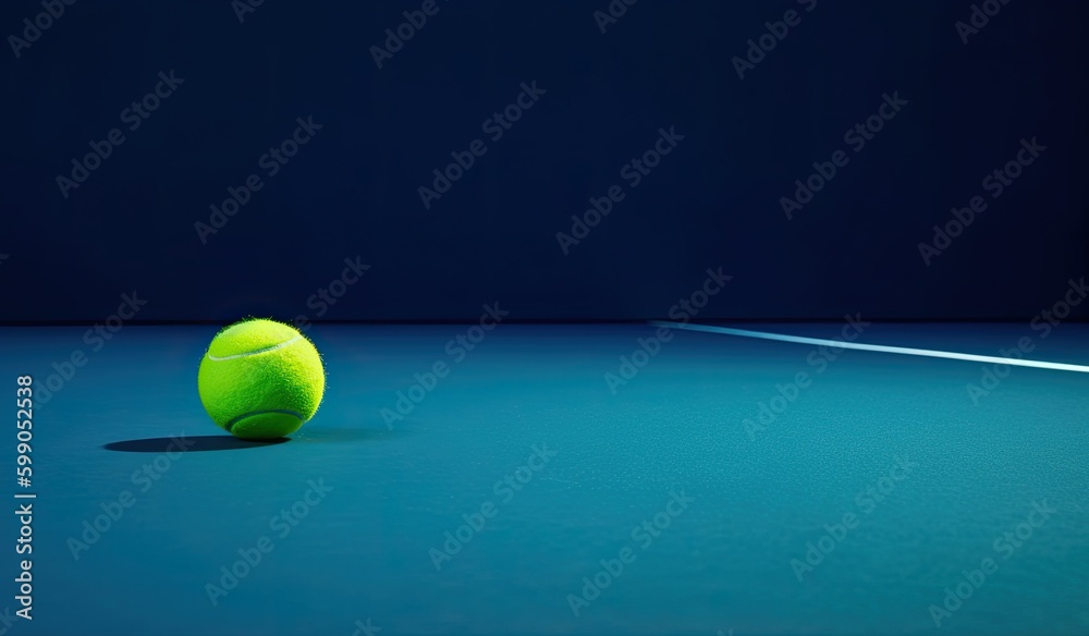 Fluorescent Tennis Ball on Blue Court Background. Generative AI.
