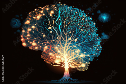 conceptual illustration of brain with luminous nerve tracts or conductor traces, concept of artificial intelligence and machine learning, big language models and generatie AI, generative AI