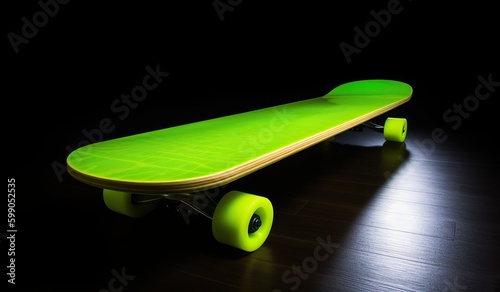 Fluorescent Green Skateboar in the Dark. Generative AI. photo