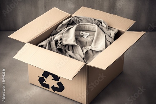 Clothes in Cardboard Box With Recycle Symbol. Generative AI.