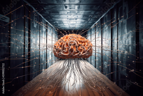 conceptual illustration of strongly connected brain in technological environment, concept of artificial intelligence and machine learning, big language models and generatie AI, generative AI