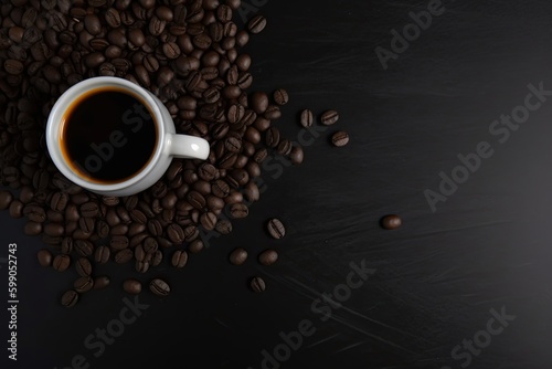 A Cup of Freshly Brewed Coffee with Scattered Coffee Beans. Generative AI.