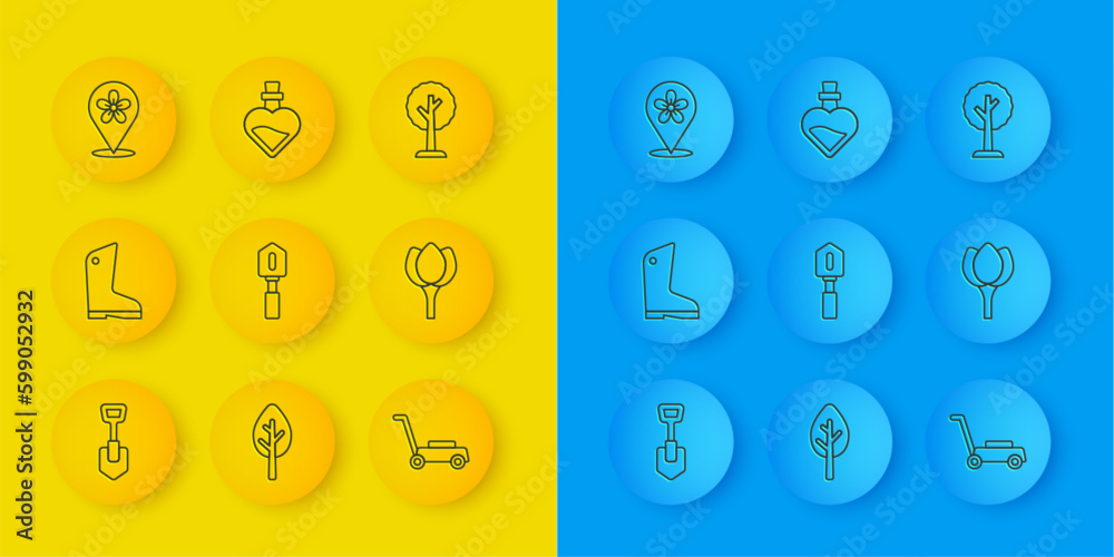 Set line Shovel, Rubber gloves, Lawn mower, Flower tulip, Location with flower, Forest and Bottle potion icon. Vector Set line Shovel, Rubber gloves, Lawn mower, Flower tulip, Location with flower, Forest and Bottle potion icon. Vector