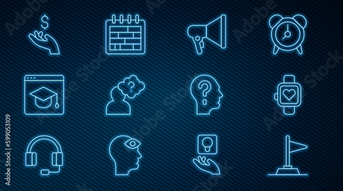 Set line Flag, Smart watch, Megaphone, Head with question mark, Online education, Hand holding coin money, and Calendar icon. Vector