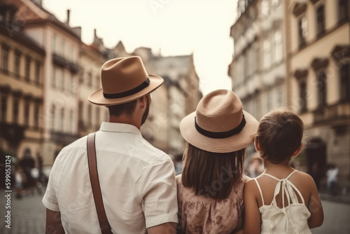 backshot photo of young family on summer holiday adventure, vacation travel city trip concept, generative ai