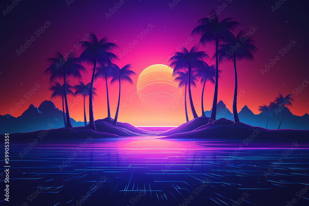 retrowave or synthwave style poster wallpaper background. night grid poster. generative ai