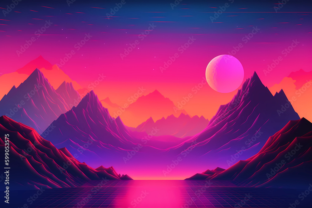 retrowave or synthwave style poster wallpaper background. night grid poster. generative ai