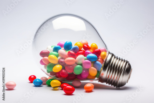 classic light bulb filled with colorful candy on white background, concept for intelligence, ideation and creativity, generative AI