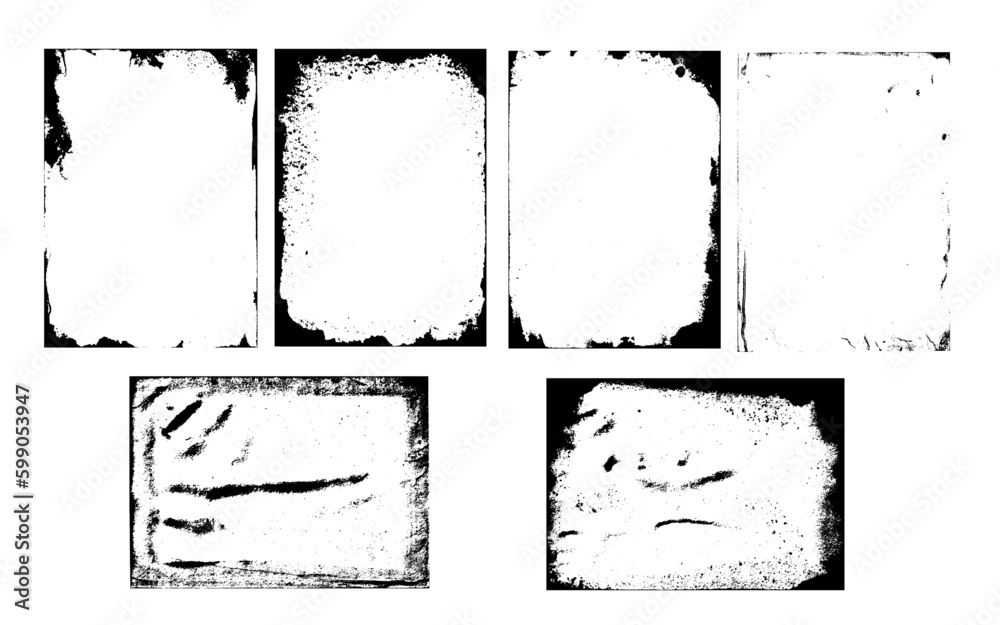 Conjunto de fondos abstractos de marcos. Textura de papel sucio, manchado, grunge; texturas desgastadas con superposición de polvo, suciedad, partículas de ruido y grano. Ilustración vectorial