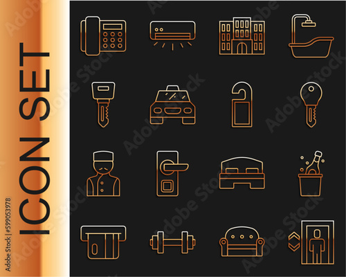 Set line Lift, Bottle of champagne, Hotel door lock key, building, Taxi car, Telephone handset and Please not disturb icon. Vector