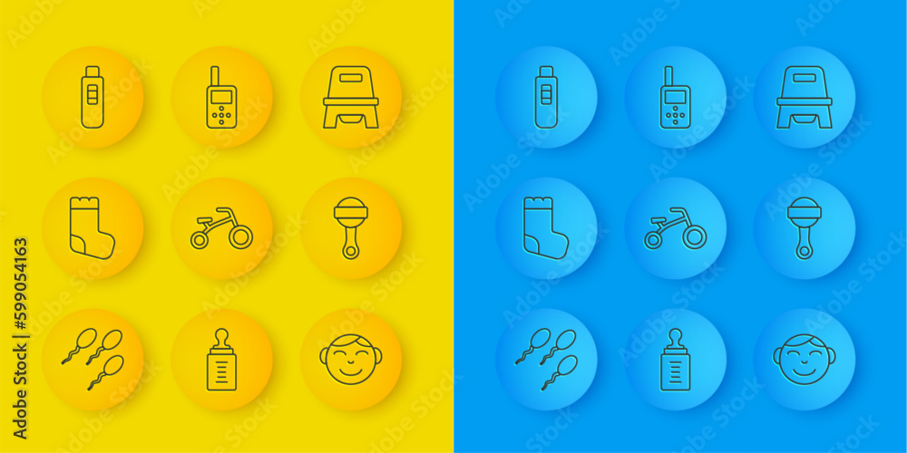 Set line Sperm, Baby socks, Bicycle for kids, Little boy head, Rattle baby toy, Pregnancy test, potty and monitor walkie talkie icon. Vector Set line Sperm, Baby socks, Bicycle for kids, Little boy head, Rattle baby toy, Pregnancy test, potty and monitor walkie talkie icon. Vector