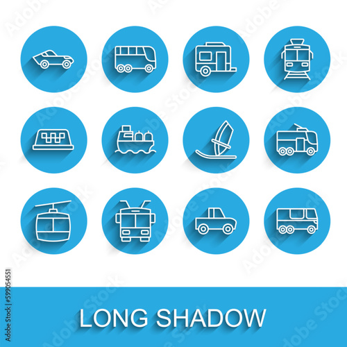 Set line Cable car, Trolleybus, Car, Pickup truck, Bus, Oil tanker ship, and Windsurfing icon. Vector