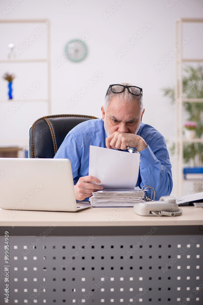 Old male employee working in the office Old male employee working in the office