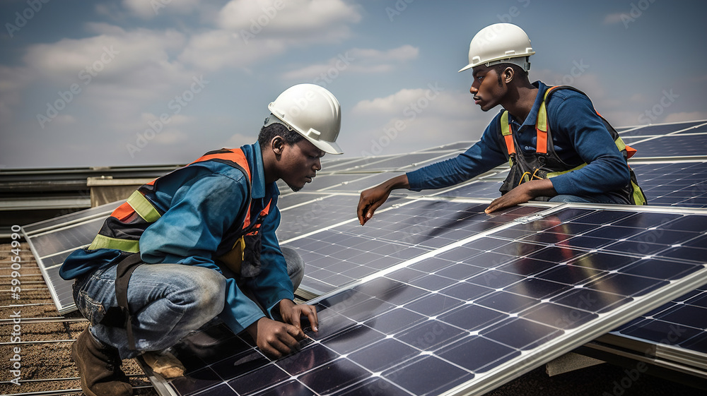 Solar power plant, engineers working with solar panels, alternative renewable green energy generation concept Solar power plant, engineers working with solar panels, alternative renewable green energy generation concept