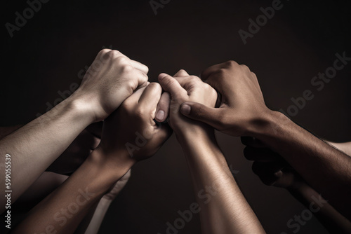 close up photo of multiple pairs of hands with different skin colors holding each other, concept for teamwork, cohesion and humanity, multicultural diversity, generative AI