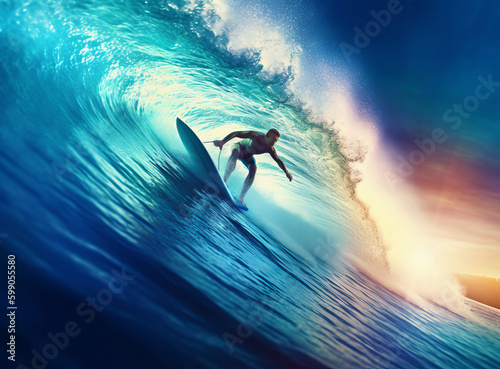 Surfer in ocean. Illustration AI Generative. © ArtCookStudio