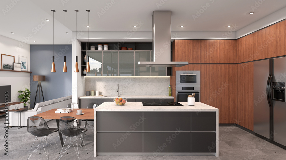 Φωτογραφία Cocina moderna con isla central y muebles en madera: 3d render