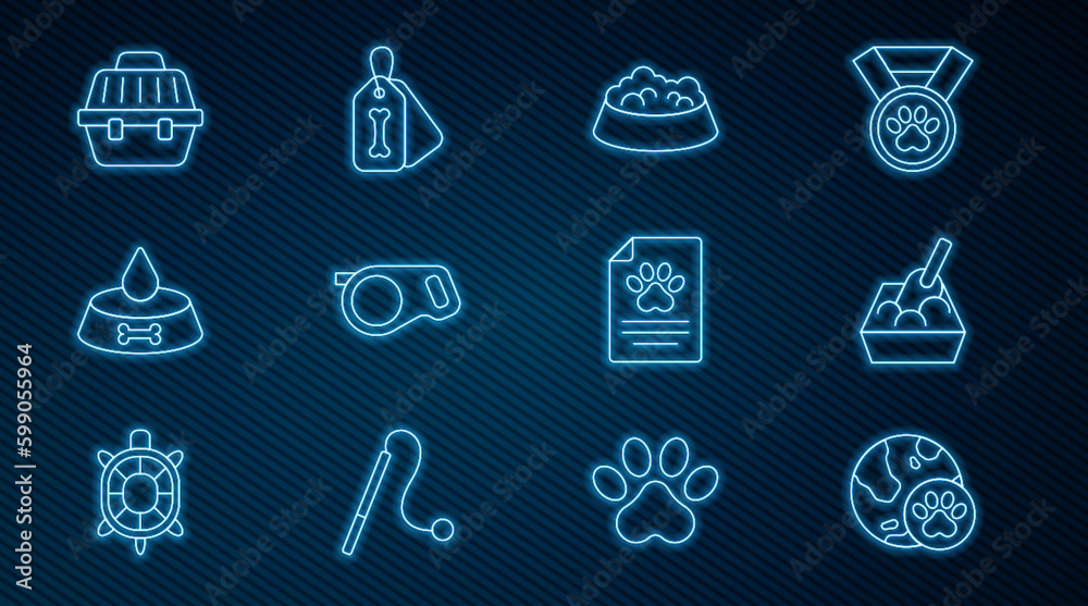 Set line World pet, Cat litter tray with shovel, Pet food bowl for cat dog, Retractable cord leash, carry case, Medical clinical record and Dog collar bone icon. Vector Set line World pet, Cat litter tray with shovel, Pet food bowl for cat dog, Retractable cord leash, carry case, Medical clinical record and Dog collar bone icon. Vector