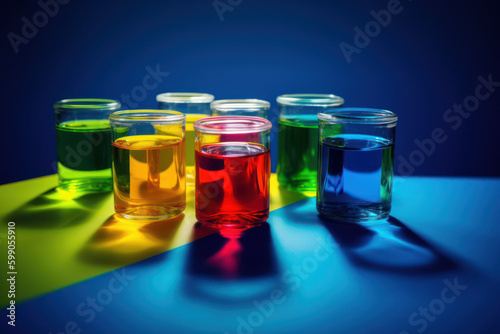 conceptual illustration glass jards filled with colored water, concept for creativity, mindset, ideation and brainstorming Creative solutions, generative ai