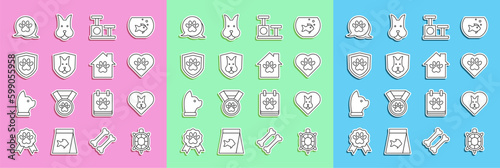 Set line Turtle, Heart with dog, animals footprint, Cat scratching post toy, Animal health insurance, Paw and Pet house icon. Vector