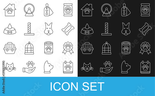 Set line Calendar grooming, Pet award symbol, Dog bone, collar with, Cat scratching post toy, food bowl for cat or dog, house and icon. Vector