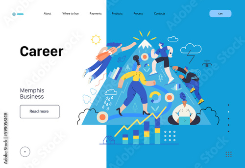 Memphis business illustration. Career-modern flat vector concept illustration of people climbing the mountain. Climbing up the career ladder process metaphor. Corporate business metaphor