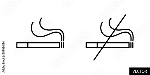 Cigarette and cigarette slash, no smoking, smoking kills concept vector icons in line style design for website, app, UI, isolated on white background. Editable stroke. Vector illustration.
