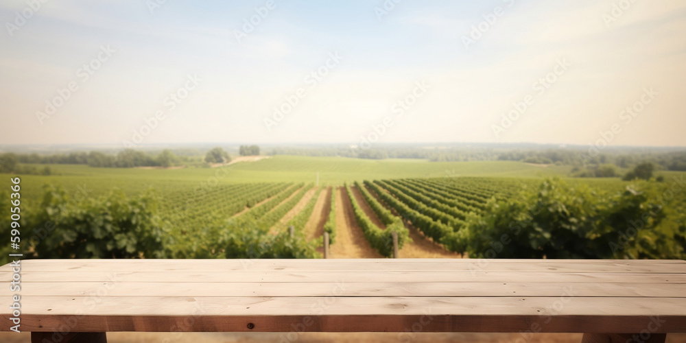An empty wooden table for product display, blurred french vineyard in the background (generative AI)