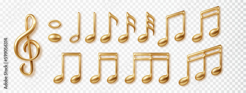 Golden music notes collection isolated on transparent background. Vector 3d realistic icon.