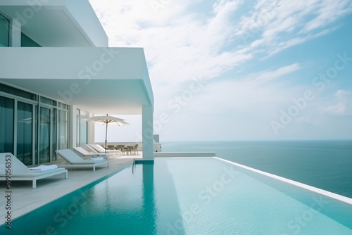 Sea view,Luxury modern white beach hotel with swimming pool, Sunbed on sundeck for vacation home (generative AI) © Ash