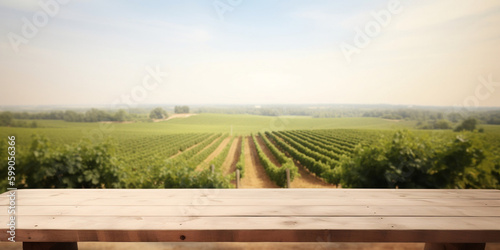 An empty wooden table for product display, blurred french vineyard in the background (generative AI)