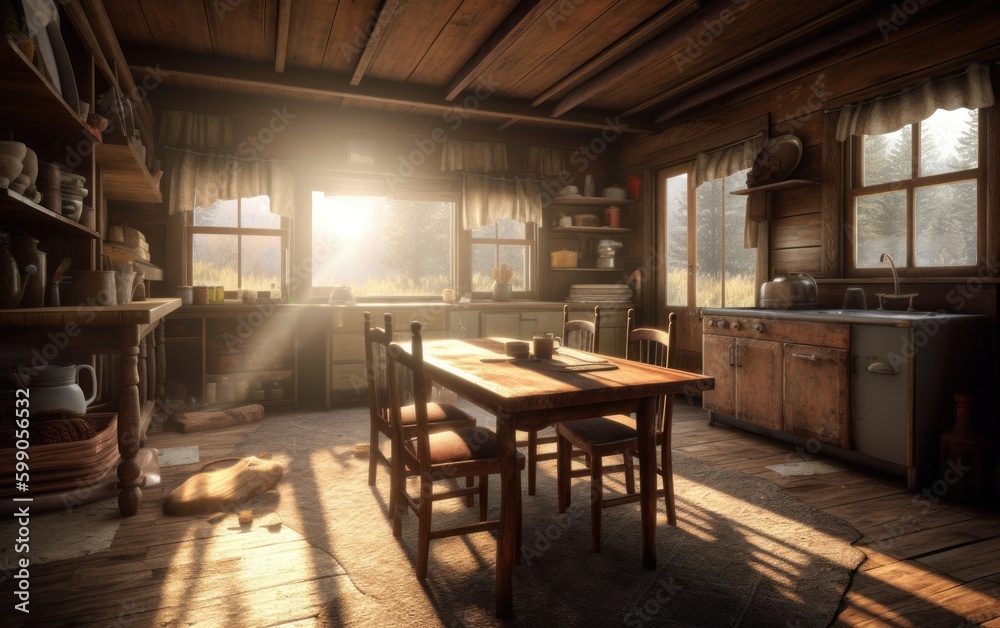 Cozy interior design concept of a rustic wooden cabin house. Generative AI illustration. Cozy interior design concept of a rustic wooden cabin house. Generative AI illustration.