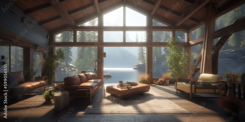 Fototapeta premium Cozy luxury and modern chalet living room interior design concept with a beautiful view on a lake in the mountains. Generative AI illustration.